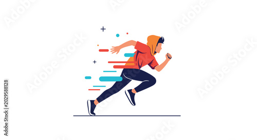 Dynamic illustration of an athletic man in a hoodie running extremely fast with motion lines behind him for sports, fitness, and motivation concepts.
