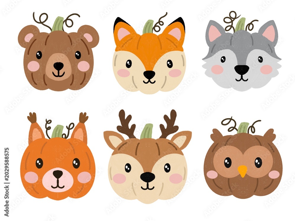 Fototapeta premium Cute forest animals halloween pumpkin clipart set. Hand drawn woodland characters jack o lantern elements for kids nursery decor, bear, fox, wolf, squirrel, deer, owl.