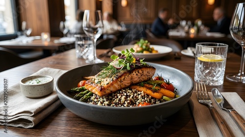 Seared salmon is presented on a white plate atop a bed of black lentils, asparagus, and cherry tomatoes.