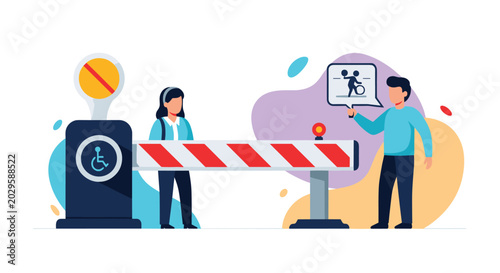 Female pedestrian and a male attendant stand at a striped security barrier near an accessible entrance station for disabled.