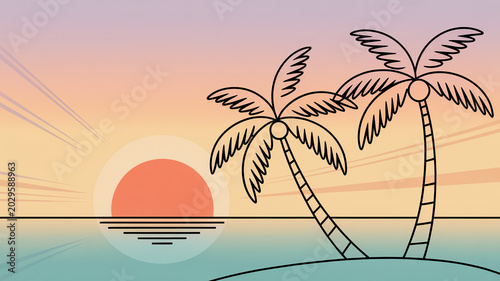 Two black outlined palm trees on a tropical beach at sunset with colorful gradient sky and calm ocean waves