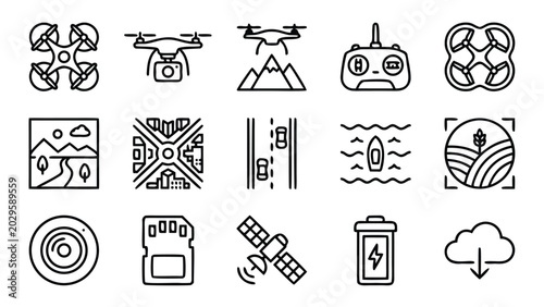 Set of 15 minimalist drone and aerial photography line icons featuring quadcopters, remote controllers, camera lenses, SD cards, satellites, batteries, and various aerial views and perspectives.