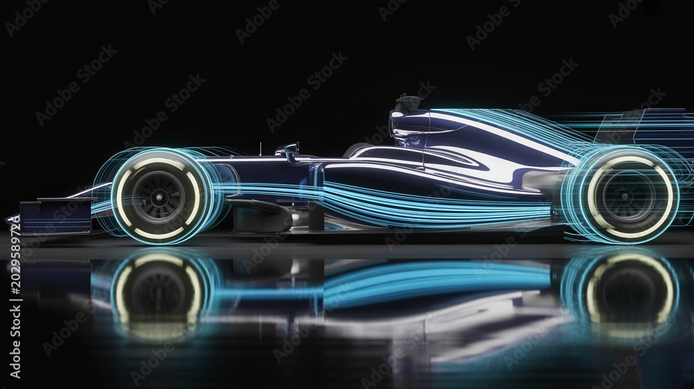 Fototapeta premium Racing car transforming into abstract light and data streams – Perfect for high-speed internet banners, automotive innovation, or speed.