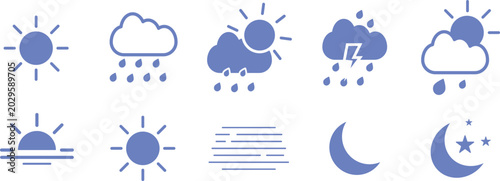 Foto Weather forecast icons set with sun cloud rain storm rainbow snow wind and moon symbols, containing colorful meteorology climate signs in an isolated vector collection