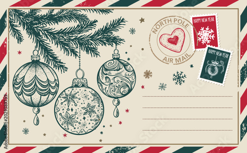 Konstfotografi Vintage Christmas Postcard with Holiday Ornaments and Stamps