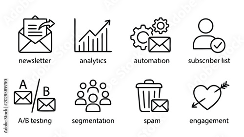 Minimalist Vector Line Icon Set for Email Marketing Campaigns and Digital Strategy Featuring Newsletter, Analytics, Automation, Subscriber List, A/B Testing, Segmentation, Spam, and Engagement.