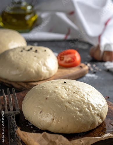 Freshly shaped dough balls on wooden cutting board with tomato