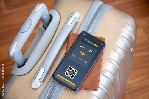 Mobile phone with digital boarding pass at airport and luggage