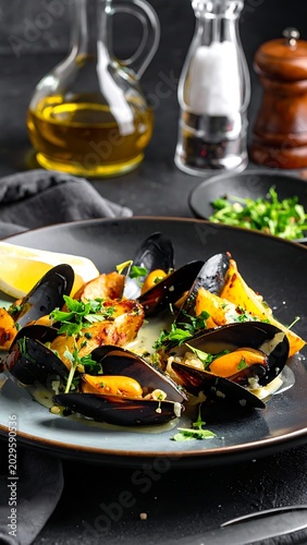 Steamed mussels and shrimp on a plate with herbs