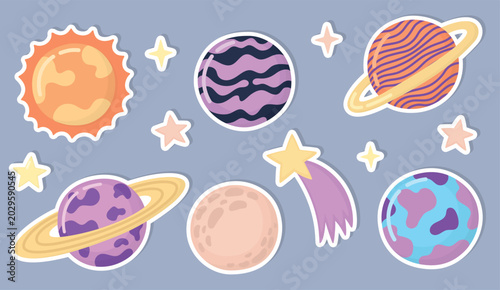 Картината върху платно Illustration of stylized celestial bodies isolated on light blue background