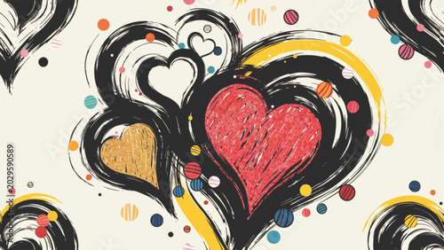 Pop art glitter heart wallpaper dramatic black brush stroke Vector Background