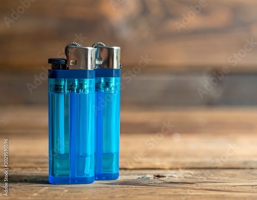 Two blue lighters on wooden surface