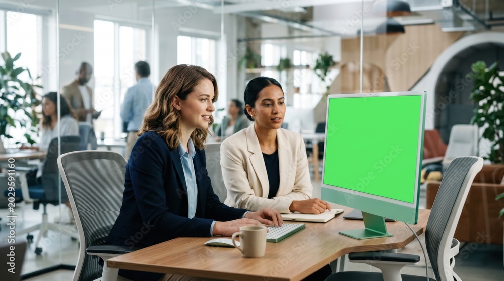 Fototapeta premium Two diverse businesswomen collaborating at a wooden desk in a bright open-plan office, looking at a desktop computer with a mock-up green screen display during a corporate meeting.