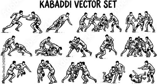 Tableau sur toile Black and White Line Art Kabaddi Vector Set, Sports Action Illustrations