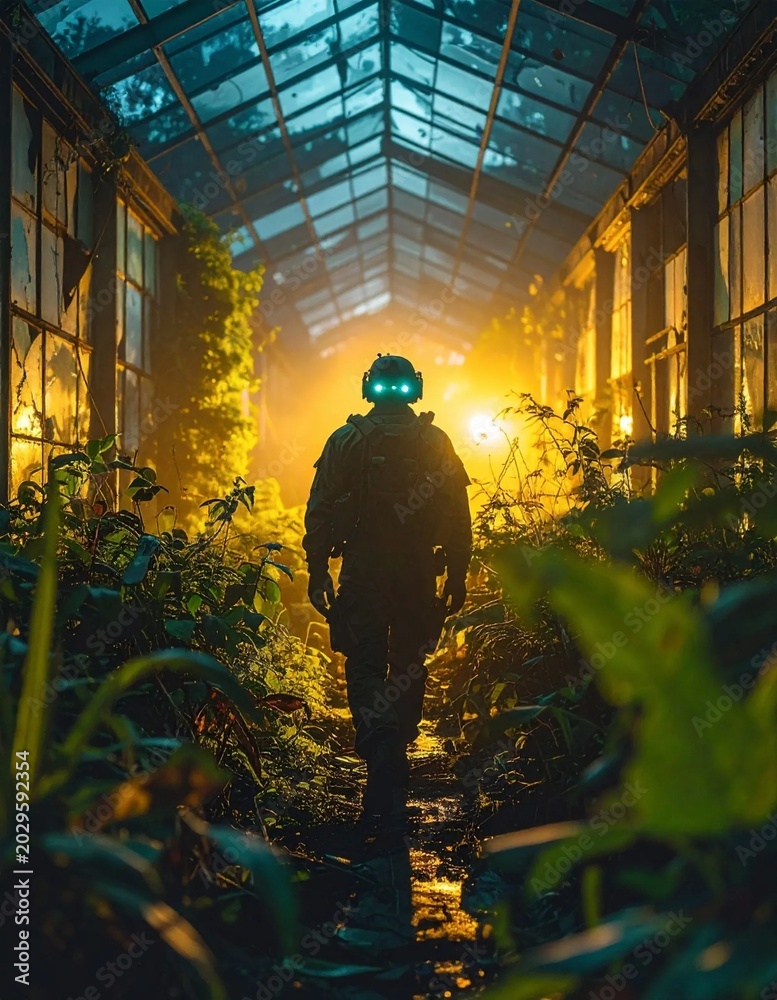 Fototapeta premium Mysterious Robot Explorer in Overgrown Greenhouse at Night.