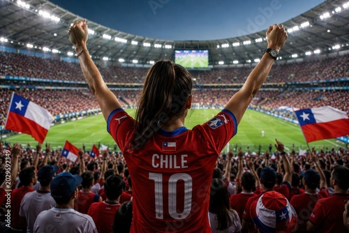 Chilean soccer fan cheering with arms raised in a crowded stadium