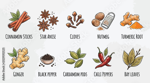 Foto A collection of various aromatic spices and herbs, including cinnamon, star anise, cloves, nutmeg, turmeric, ginger, black pepper, cardamom, chili peppers, and bay leaves, presented as illustrations