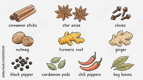 Konstfotografi A collection of various aromatic spices and herbs commonly used in cooking and baking, including cinnamon, star anise, cloves, nutmeg, turmeric, ginger, pepper, cardamom, chili, and bay leaves
