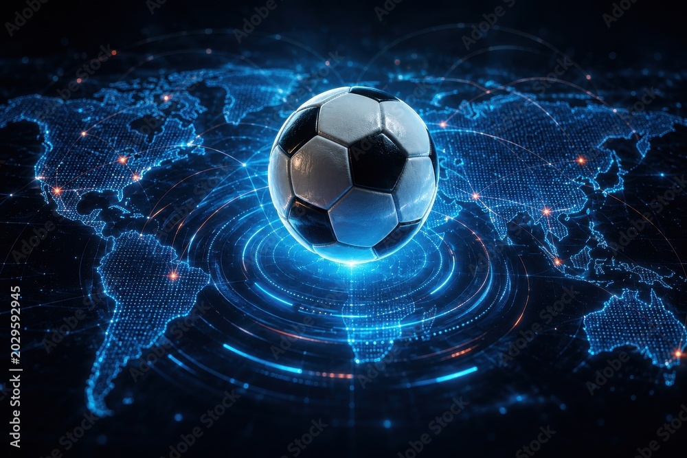 Fototapeta premium Global soccer ball concept with digital world map and data network
