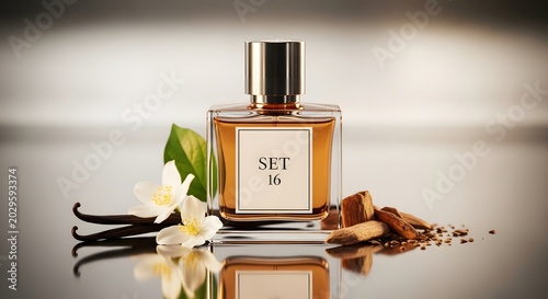 Luxury perfume bottle with vanilla beans and jasmine flowers, elegant fragrance glass container, amber liquid scent on reflective surface