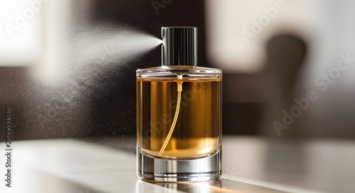 Luxury perfume bottle spraying fine mist, elegant amber fragrance glass container, premium cologne atomizer with scent vapor, sophisticated beauty product