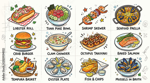 Foto A vibrant collection of delicious seafood dishes and meals, illustrated in a fun, cartoonish style