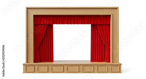 Empty Theater Stage with Red Curtains and Wooden Frame for Performances.