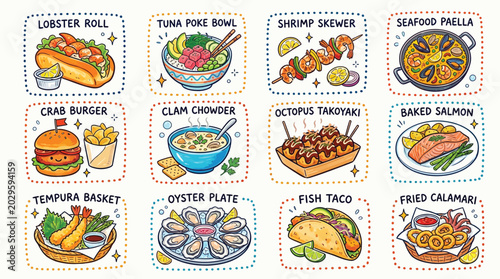 Foto A colorful collection of delicious seafood dishes and meals, illustrated in a fun, cartoonish style