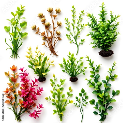 artificial seaweed aquarium plants collection isolated on white background, soft realistic textures
