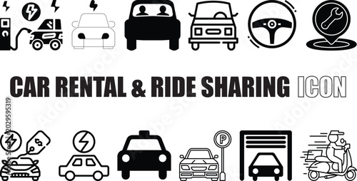 Car Rental & Ride Sharing Vector Icons Set Electric Vehicle, Taxi, Mobility Services.