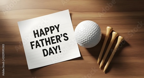 golf club and ball on a wooden background with fathers day text