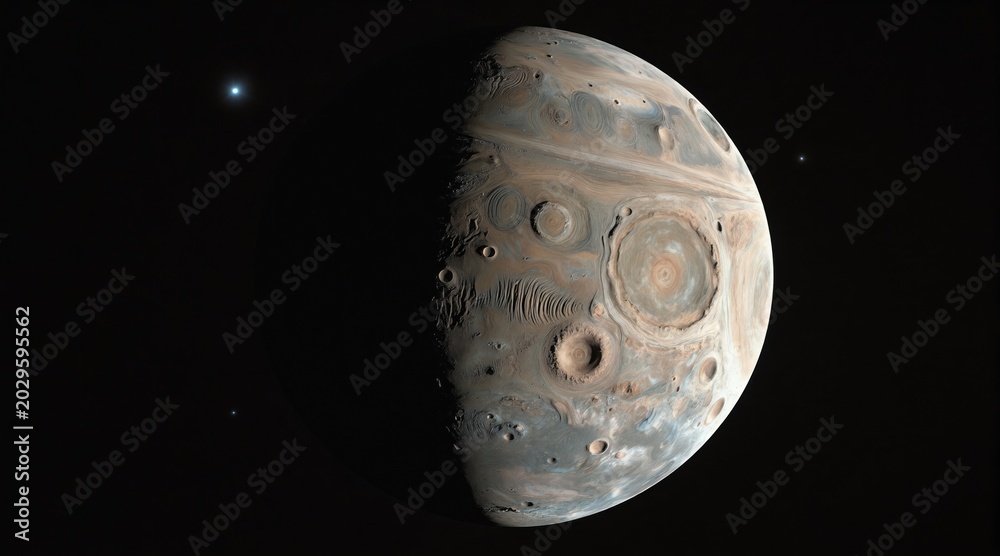 Fototapeta premium Gas giant planet Jupiter surface with deep craters and swirling clouds. Distant stars and moons dot the dark cosmic expanse. Space exploration concept art.