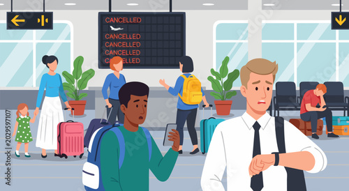 Foto Passengers experiencing flight cancellations and frustrating delays at a busy ai
