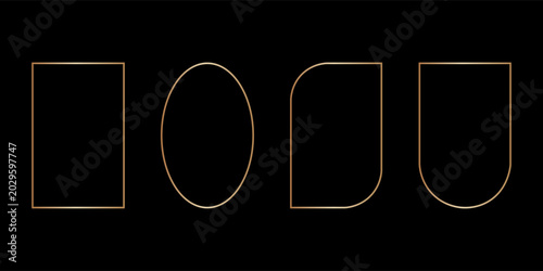Golden thin frame set. Gold geometric borders in art deco style. Thin linear radiance rectangular shape collection. Yellow glowing shiny boarder element pack. Vector bundle for photo, cadre, poster