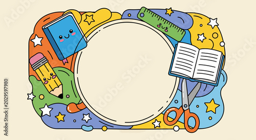 Cute Kawaii School Supplies Border with Blank Circle Frame, Vector Illustration of Pencil, Notebook, Ruler and Scissors for Back to School Concept