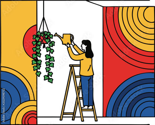 Woman Watering Hanging Indoor Plant on Stepladder Illustration