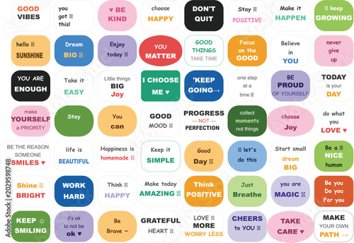 Photos Inspirational quote stickers set, colorful motivational phrases in rounded frame