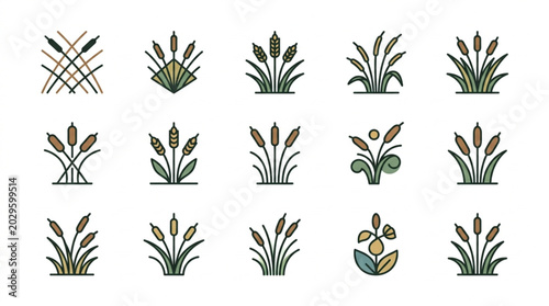 Collection of stylized reed plant icons in various designs.