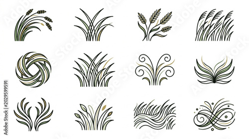 Collection of stylized wheat and grass illustrations.