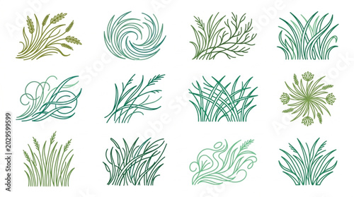 Collection of stylized wheat and grass illustrations in green and yellow tones.