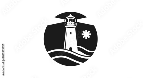Minimalist lighthouse logo icon design with waves and sun.