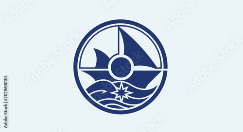Minimalist circular icon featuring a sailing ship and waves.