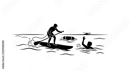 A lifeguard on a paddleboard rescuing a drowning person in the ocean.