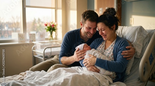 Emotional happy parents holding their newborn baby in hospital bed under warm golden sunlight; tearful mother and smiling father in maternity ward, family healthcare advertising.
