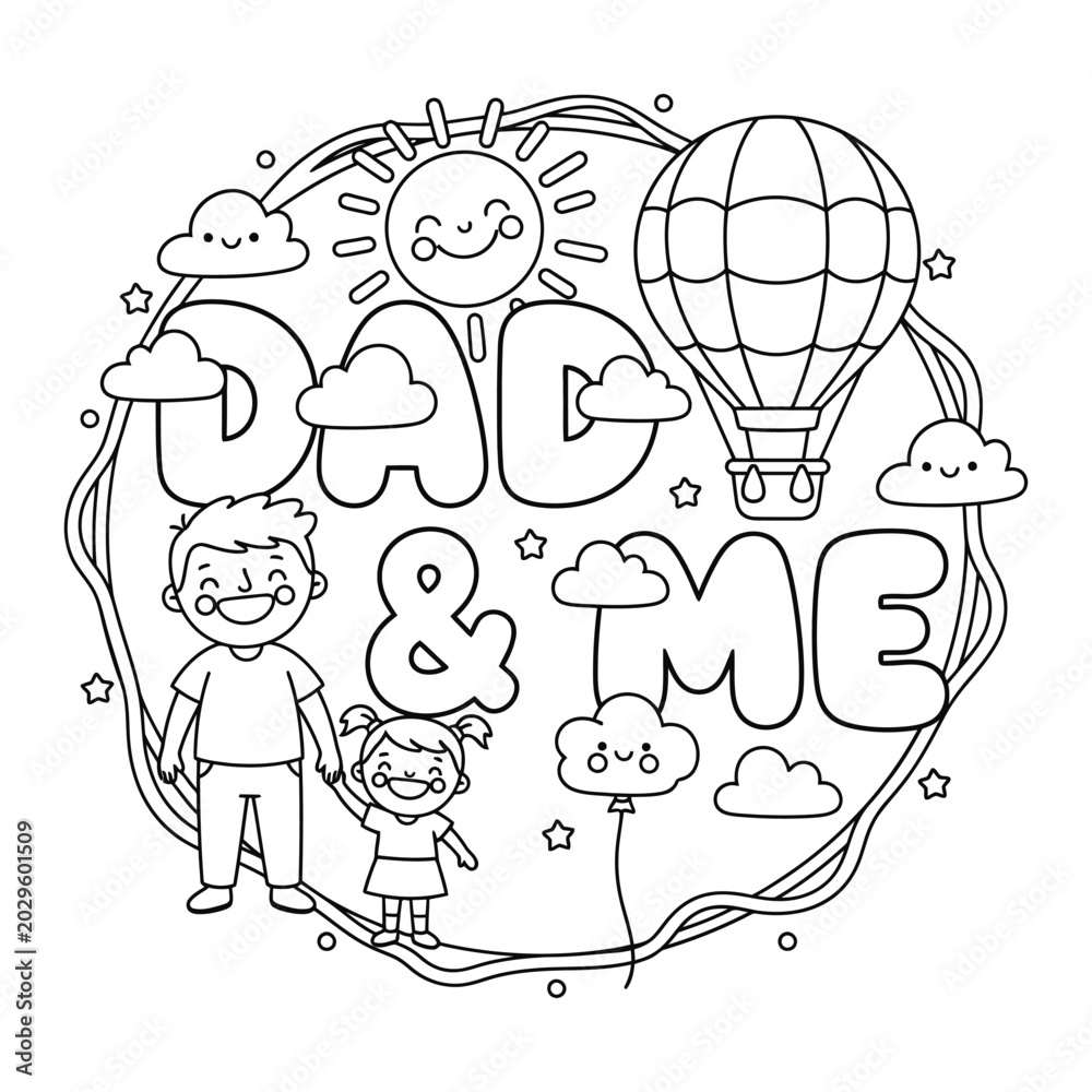 Fototapeta premium Fathers Day Typography With Happy Family Balloon Clouds And Smiling Sun Coloring Page Illustration