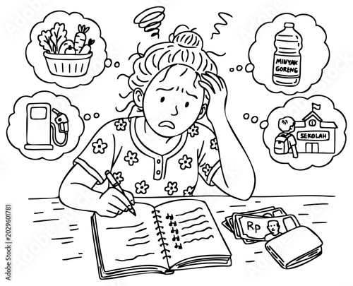 Stressed Housewife Managing Household Budget During Rupiah Decline