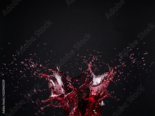 Deep red liquid splash on a dark background for dramatic banner and abstract background with high speed droplets and motion