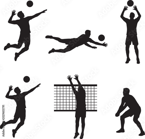 Fotografie Volleyball player silhouettes set, male athletes playing volleyball vector colle