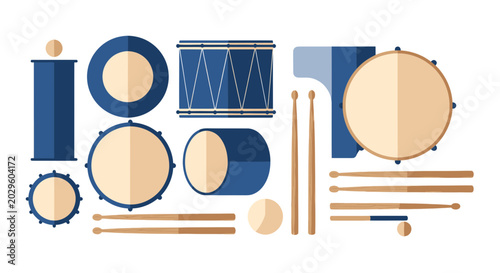 Foto Collection of Blue Drums and Drumsticks, Percussion Instruments, Flat Design