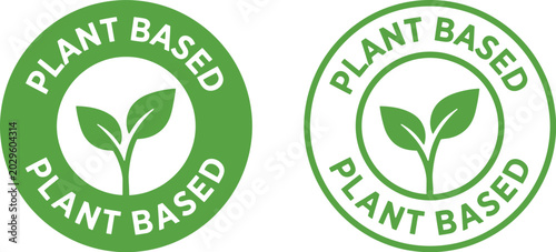Plant based labels featuring green leaf logo for food product packaging and marketing materials with eco friendly vibe